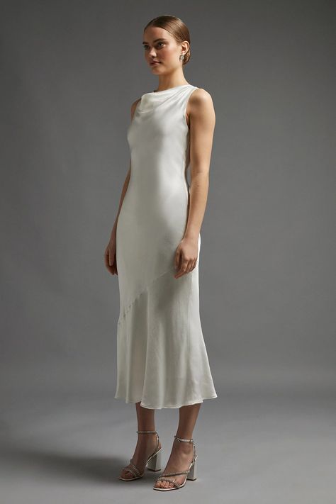 https://i1.adis.ws/i/boohooamplience/bcc00374_ivory_xl_1?$product_image_main_mobile_2x$&fmt=webp White Silk Cowl Neck Dress, Satin Boat Neck Dress, Simple Mid Length Wedding Dress, Cowl Neck White Dress, High Neck Rehearsal Dinner Dress, Daytime Formal Wedding Guest, Boat Neck White Dress, Minimalist Midi Wedding Dress, Casual Bridal Outfit