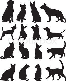 cats and dogs silhouette free - Google Search Stick Design Ideas, Kitten Crafts, Pet Silhouette, Christmas Shapes, Dog Silhouettes, Family Portrait Illustration, Stick Design, Walking Dog, Silhouette Painting