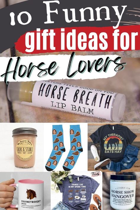 The next time you are in need of a funny gift for your favorite horse lover, scan our gift guide below for some inspiration. We picked a variety of funny gift ideas that are sure to make the recipient laugh! If you are looking for a humorous equestrian or horse themed present, this is a great place to start. Budget-friendly gift options! #horse #gift #equestrian #thegingerbreadpony #giftguide Horse Lover Quotes, Horse Lover Gift Ideas, Horse Christmas Gifts, Horse Lover Gifts, Derby Horse, Diy Horse, Horses Theme, Lover Gift Ideas, Themed Gift Baskets