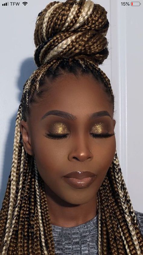 Box Braid 2 Colors, Different Shades Of Brown Box Braids, Black And Gold Knotless Braids, Autumn Box Braids, Dark Skin Box Braids Hair Colors, Multicolored Braids Black Women, Chestnut Brown Braids On Black Women, Braids Colors For Black Women, Blond Cornrows Black Women