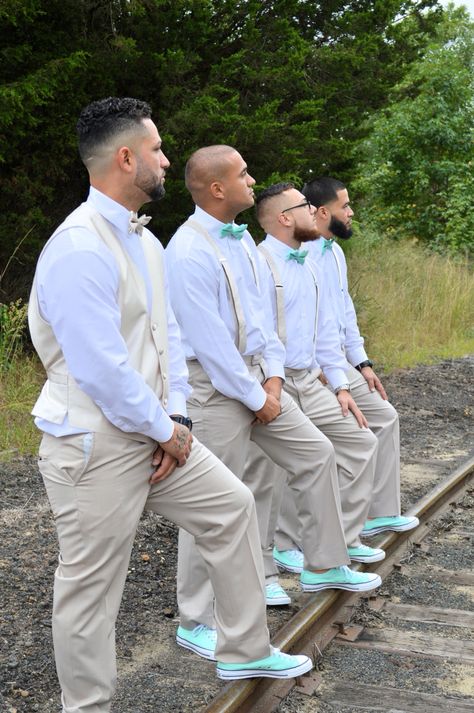 Mint green and champaign groom and groomsmen Mint Green And Silver Wedding, Mint Green Wedding Ideas, Groomsmen Black, Green Quinceanera Theme, Color Palette Aesthetic, Mint Green Bridesmaids, Palette Aesthetic, Blue Groomsmen, Green Quinceanera