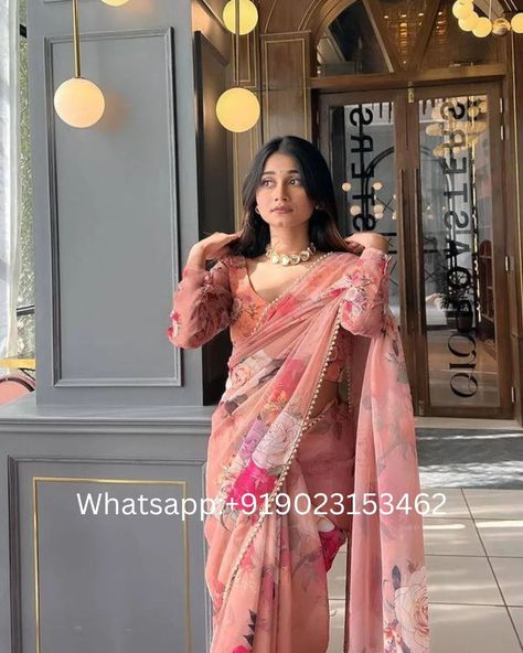 Price 1495/-❣️ whatsapp us on +919023153462✔️ Peach floral partywear Georgette saree #PeachSaree#FloralSaree#GeorgetteSaree#DesignerSaree#EthnicWear#FashionSaree#ElegantSaree#IndianFashion#TraditionalSaree#FestiveSaree Peach Saree Look, Organza Sarees Floral, Dress From Saree, Farewell Saree, Farewell Sarees, Floral Sarees, Western Saree, Partywear Sarees, Wedding Fits