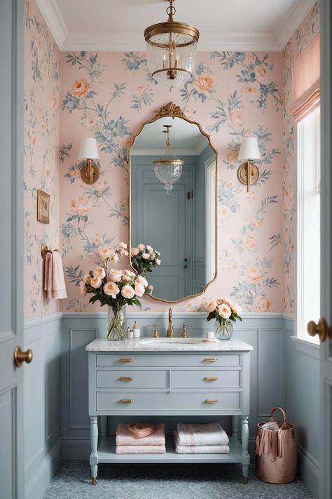 20 Girly Bathroom Wallpaper Designs – ToolzView Parisian Bathroom Wallpaper, Wallpaper For Girls Bathroom, Half Wallpaper Powder Room, Guest Bath With Wallpaper, Navy Blue Pink Bathroom, Charleston Bathroom Ideas, Girly Vintage Bathroom, Girls Wallpaper Bathroom, Bathroom For Girls Ideas