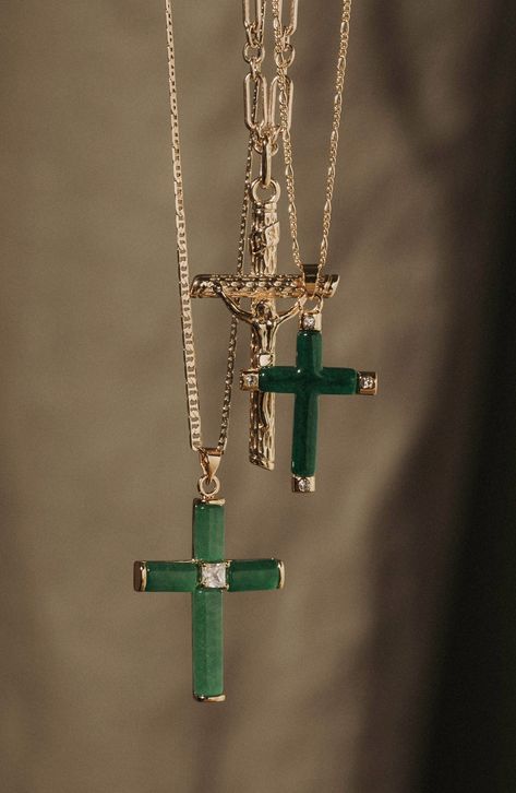 Show your faith with this gleaming mariner-chain necklace suspending a jade stone cross centered by a sparkling square-cut cubic zirconia. 20" length; 1"W x 1 1/4"L pendant Lobster clasp closure 18k-gold fill/24k-gold fill/jade/cubic zirconia Made in the USA of imported materials Vintage Italian Fashion, Dope Jewelry Accessories, Child Of Wild, Gold Cross Necklace, Dope Jewelry, Jewelry Fashion Trends, Stacked Jewelry, Jewelry Lookbook, Jade Jewelry