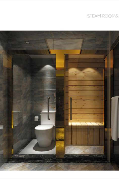 The steam room is separated into two independent rooms, one is toilet room, and the other is sauna room. One is decorated with the fabulous black textured marble, and the other is decorated with the wood flooring wall. Steam Bathroom Ideas, Small Sauna In Bathroom, Small Sauna Ideas, Steam Room Design, Sauna Bathroom Ideas, Home Steam Room, Sauna Bathroom, Small Home Gym Ideas, Decorate Ideas