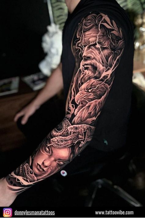 Greek God Tattoo, Warrior Tattoo Sleeve, Roman Tattoo, Zeus Tattoo, Egyptian Tattoo Sleeve, Tattoo Sleeve Ideas, Realistic Tattoo Sleeve, Full Sleeve Tattoo Design, Greek Mythology Tattoos