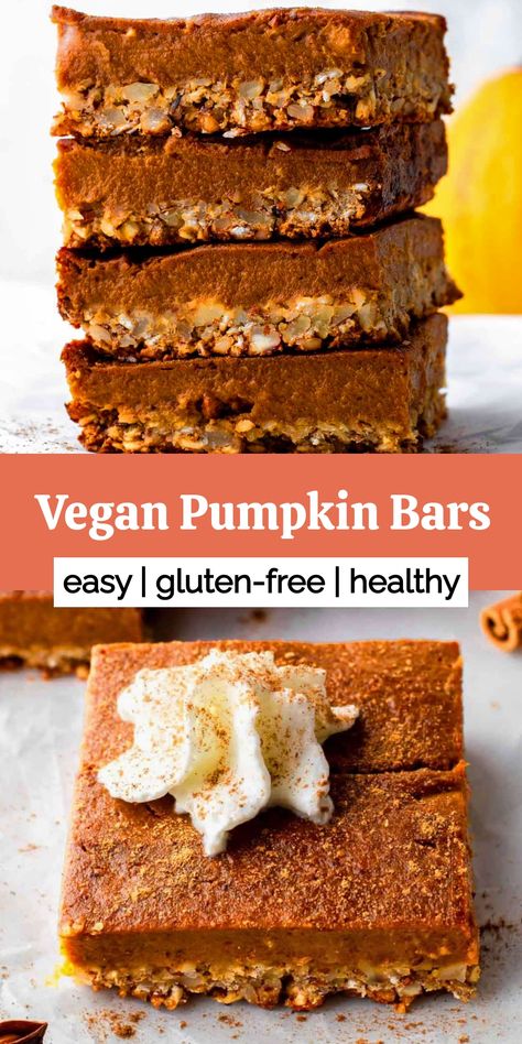 A stack of vegan and gluten free pumpkin bars. Vegan Gf Pumpkin Dessert, Vegan Thanksgiving Dessert Recipes, Vegan Pumpkin Recipes Desserts, Thanksgiving Dessert Easy, Pumpkin Pie Healthy, Vegan Pumpkin Bars, Vegan Fall Dessert Recipes, Vegan Pumpkin Pie Bars, Pumpkin Pie Vegan