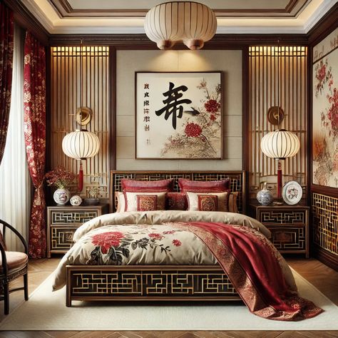 Traditional Chinese Home Decor, Asian Interior Design Bedroom, Asian Style Bedrooms Interior Design, Chinese Royal Bedroom, Chinese Room Aesthetic, Chinese Bedroom Traditional, Asian Style Room, Japanese Bedroom Traditional, Chinese Interior Design Traditional