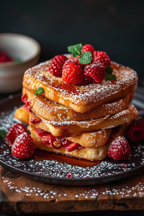 Stack of French toast topped with fresh raspberries, mint leaves, and powdered sugar on a dark plate. Stuffed French Toast Bake, French Tost, French Snacks, Stuffed French Toast Recipe, French Pancakes, Breakfast Simple, Friends And Food, Weekend Food, French Baking