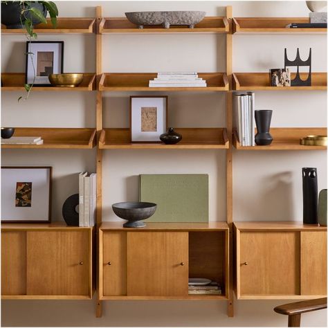 Mid-Century Modular Set w/ 3 Shelves & Cabinets | West Elm Mid Century Modern Shelving Wall, Desk Shelving Unit, Mid Century Wall Unit, Mid Century Modern Shelves, Living Room Shelving, Mid Century Modern Bookcase, Modular Bookshelves, Mid Century Storage, Modern Shelves