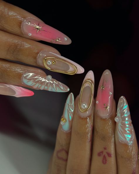 💖🐚✨ @shopagaloreco products used: *bonding base *irish creme base *pale pink *bling gel *diamond steel top coat use code ‘ALEXIA10’ at checkout 🤎 #nails #nailart #nailsofinstagram #naildesign #nailsnailsnails #pinknails #3dnails #3dnailart #chromenails #auranails #gelx #gelxnails #gelxinspo #gelxnailtech Galinda Nail Designs, Glinda Nail, Glinda The Good Witch Nails, Glinda Nails Wicked, Wicked Inspired Nails, Wicked Nails, Witch Nails, Fake Nails Designs, Glinda The Good Witch