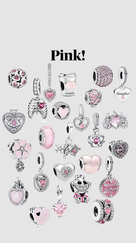 Pandora Bracelet Charms Ideas Pink, Pink Pandora Charm, Pandora Charm Bracelet Pink, Pandora Pink Bracelet, Pandora Pink Charms, Pandora Charms Aesthetic, Pink Pandora Charms, Pandora Bracelet Aesthetic, Pink Pandora Bracelet