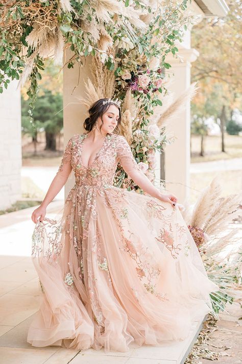 Twirl in this Iridescent Princess Dress for a Lavender and Rose Gold Castle Wedding in Texas Gold Wedding Dress With Sleeves, Rose Gold Wedding Dress, Gold Castle, Wedding Dress With Sleeves, Gold Wedding Dress, Pink Wedding Dress, Dress With Sleeves, Castle Wedding, Rose Gold Wedding