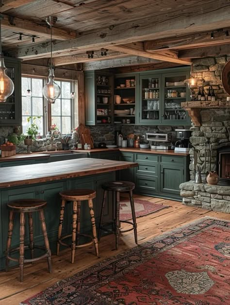 Eclectic Cottage Interior, Cottage Core Kitchen Paint Colors, Scotland Home Decor, Outlander Kitchen Ideas, Log Cabin Green Kitchen, Outlander Kitchen Aesthetic, Old English Country Kitchen, Castle Inspired Kitchen, Tavern Style Kitchen