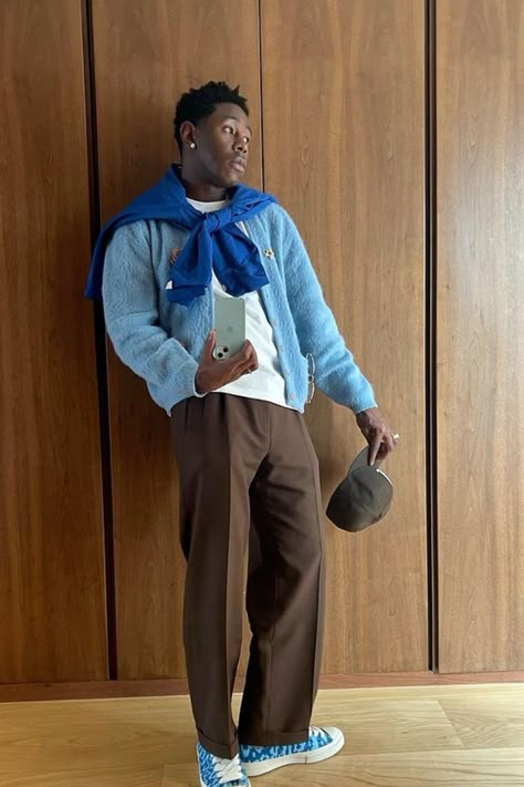 Tyler The Creator Sweater Vest Outfit, Tyler The Creator Cardigan Outfit, Outfit Ideas Tyler The Creator, Tyler The Creator Type Outfits, Tyler Outfit Aesthetic, That Guy Tyler The Creator, Tyler The Creator Fashion Style, Tyler The Creator Style Outfits, Tyler The Creator Street Style