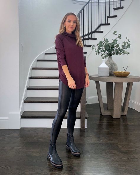 4 Ways to Wear Leather Leggings for Fall - Merrick's Art Chelsea Boots Leggings Outfit, Chelsea Boots With Leggings, Faux Leather Dress Outfit, Outfits With Faux Leather Leggings, Leggings For Fall, Leather Dress Outfit, Faux Leather Leggings Outfit, Chelsea Boots Outfit, Boot Outfits