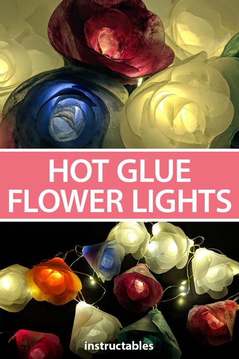 Hot Glue Flowers, Hot Glue Fairy Lights, Mushroom String Lights Hot Glue, Diy Halloween Decorations Hot Glue, Hot Glue Pot Diy, Hot Glue Crafts, Colored Hot Glue, Paper Flower Lights, Crafts With Hot Glue