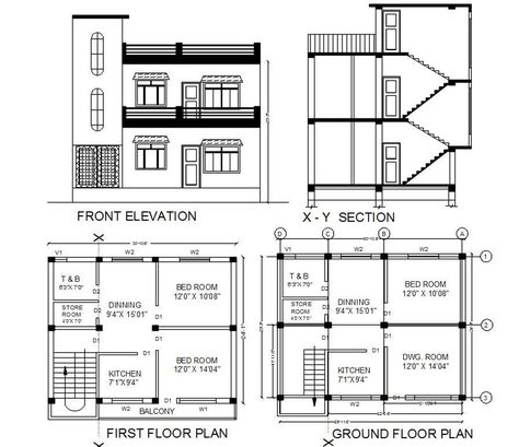 House plan for 24 feet by 30 feet plot size of ground floor and first floor plan CAD drawing which consist 12' X 14' and 12' X 10' two bedrooms, kitchen, dining area, store room, and bathroom toilet with dimension and description detail. The additional drawings such as section and front elevation design. download 2 storey house project DWG file. Bathroom Layout Ideas Floor Plans, South Facing House Plan, One Floor House Plans, Drawing House Plans, Floor Plan With Dimensions, South Facing House, Two Storey House Plans, 20x40 House Plans, Simple Floor Plans