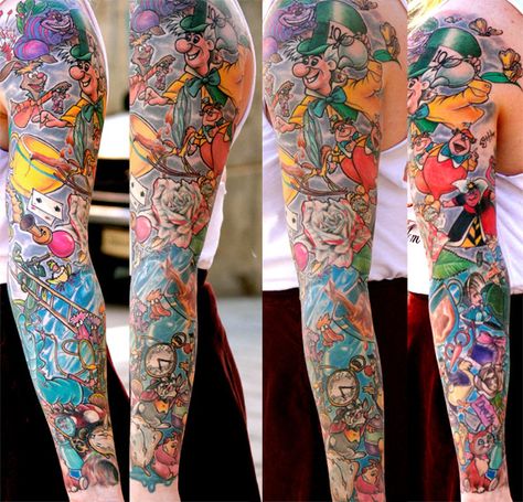 My Alice In Wonderland Sleeve by Steve Hayes @ Atomic Zombie Tattoo in Edmonton - Imgur Alice In Wonderland Sleeve, Alice In Wonderland Tattoo Sleeve, Zombie Tattoo, Disney Sleeve Tattoos, Alice And Wonderland Tattoos, Zombie Tattoos, Disney Sleeve, Girls With Sleeve Tattoos, Wonderland Tattoo