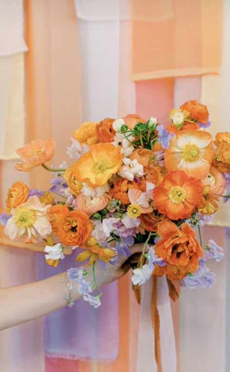 Lilac Orange And Blue Wedding, Lilac Orange Wedding, Lilac And Orange Wedding, Unique Wedding Color Schemes Spring, Deco Orange, Bouquet Photo, Ranunculus Flowers, Spring Bouquet, Orange Wedding