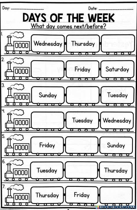 Days of the week interactive activity for Year 2. You can do the exercises online or download the worksheet as pdf. Days Weeks Months Years Worksheet, Esl Days Of The Week Worksheet, Days Of The Week Exercises English, Kindergarten Worksheets Days Of The Week, Worksheet For Days Of The Week, Year 3 Activities, Exercise Days Of The Week, Days Of The Week Learning, Learning Days Of The Week Free Printable