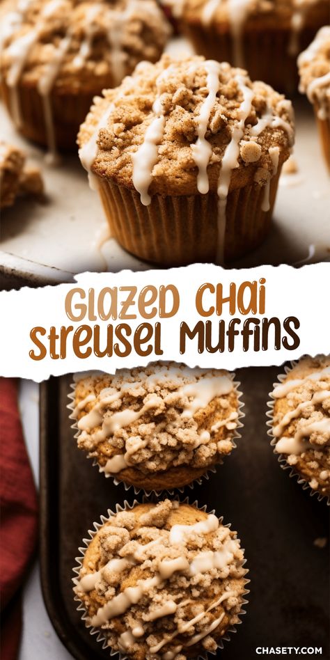 Glazed Chai Streusel Muffins - Chasety Chai Coffee Cake Muffins, Chai Muffins Recipe, Best Fall Muffins, Fall Flavored Muffins, Chai Muffin Recipes, Fall Muffins Healthy, Fall Mini Muffin Recipes, Muffin Recipes Fall, Pumpkin Chai Muffins