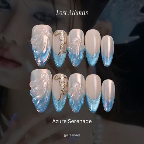 MEET US UNDER THE SEA ˖°𓇼🌊⋆🐚🫧 Introducing our Lost Atlantis collection, featuring 23 of our signature mermaid nail designs. 🧜🏼‍♀️ We’ve been planning this collection since the day we were founded, as mermaid-fairy core has always been the base of our brand and aesthetic. We’re so excited to release the Lost Atlantis collection that ties together our designs.🧚🏼‍♀️ If you’ve been following along our journey, you’ll discover some familiar designs that have been with us since day one of Ersa a... Under The Sea Nail Designs, Mermaid Nails Design Glitter, Mermaid Nails Aesthetic, Atlantis Nails, Under The Sea Nail Art, Mermaid Core Nails, Sea Inspired Nails, Mermaid Nails Design, Mermaid Inspired Nails