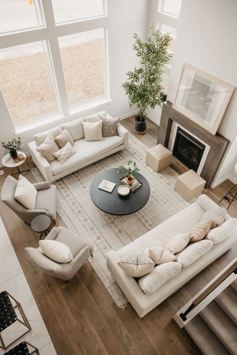 Couch For Open Living Room, Apartment With Balcony Living Rooms, Large Living Room Set Up, Living Roomliving Room Design, Couches Facing Each Other Layout, Living Room Setup Furniture Arrangement, Sofa Arrangement Living Room, Two Couch Living Room, Sofa And Two Chairs Layout