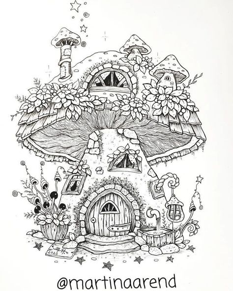 Mushroom Fairy Houses Drawing, Drawing House Aesthetic, Mushroom House Tattoo Design, Drawing Fairy House, Drawing Mushroom House, Fantasy House Sketch, Mushroom Hut Drawing, Cute Houses Drawings, Tiny House Drawing Art