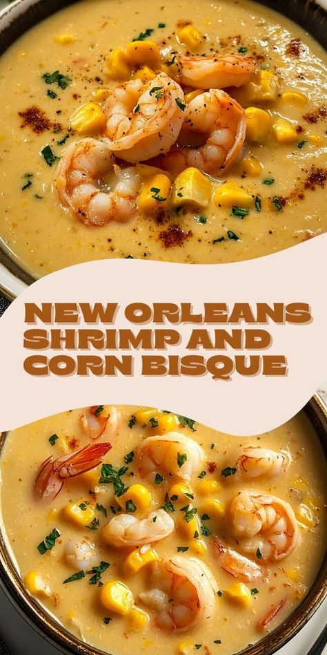 Indulge in the rich flavors of New Orleans Shrimp & Corn Bisque! 🍤🌽 This southern-inspired soup combines tender shrimp, sweet corn, and a flavorful, creamy base that's perfect for any seafood lover. Whether you're hosting a dinner party or enjoying a cozy evening at home, this bisque will bring the taste of New Orleans straight to your table. 🥣 Perfect for special occasions or as a comforting weeknight meal! #ShrimpBisque #SeafoodSoup #CornBisque #NewOrleansRecipe Shrimp Bisque Soup Recipes, Shrimp Corn Bisque, Shrimp And Corn Bisque, Shrimp Bisque Recipe, Shrimp And Corn Soup, New Orleans Shrimp, Crab Bisque Recipe, Bisque Recipes, Shrimp Soup Recipes