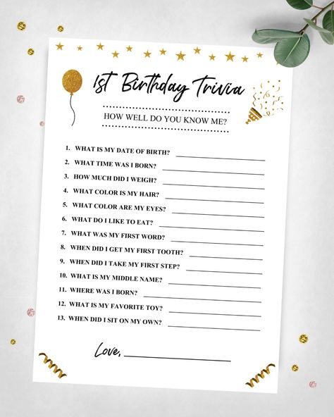 1st Birthday Trivia. How Well Do You Know Me Party Game. Gold | Etsy Teen Birthday Games, Birthday Game Ideas, Birthday Trivia, Games With Family, Girls Birthday Games, 1st Birthday Party Games, Birthday Quiz, Birthday Interview, Sunflower Birthday