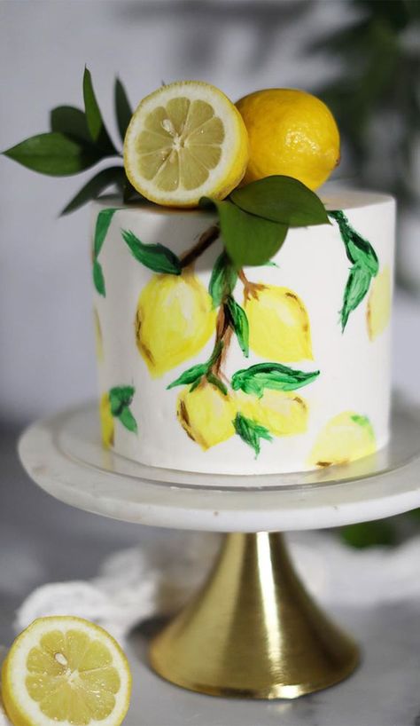 hand painted cake, lemon cake, lemon hand painted cake ,summer cake , cake inspiration , lemon cake hand painted #handpaintedcake #cakeinspiration Lemon Wedding Cakes, Whimsical Wedding Cakes, Torte Creative, Lemon Birthday, Lemon Wedding, Lemon Theme, Summer Wedding Cakes, Citrus Wedding, Creative Wedding Cakes