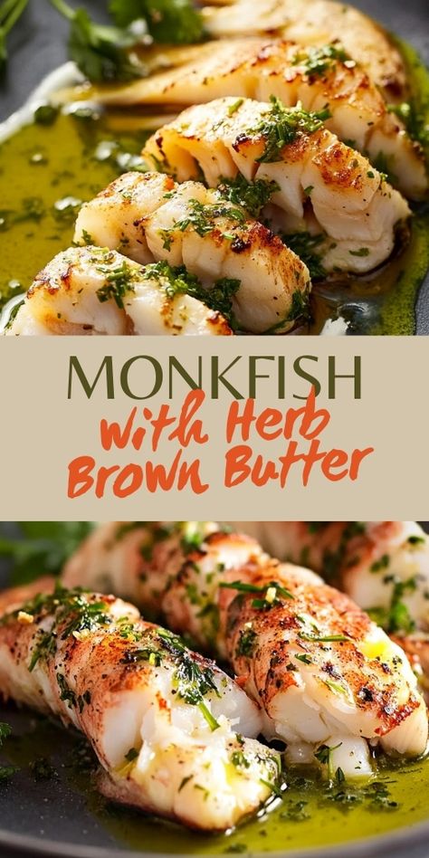 Monkfish with Herb Brown Butter is an elegant dish that brings together tender, flavorful fish with rich, nutty brown butter and fragrant herbs! 🐟🌿 Perfect for a special dinner or when you want to impress, this dish is surprisingly simple to make and full of gourmet flavors.  📌 Pin this recipe to create an elegant and flavorful monkfish with herb brown butter for your next dinner! #Monkfish #HerbBrownButter #SeafoodLovers #ElegantDinners #EasyRecipes #FlavorfulMeals Monk Fish Recipe Baked, Monkfish Recipes Easy, Monk Fish Recipe Ideas, Monk Fish Recipe, Butter Fish Recipe, Smoked Trout Recipe, Monkfish Recipes, Seafood Shack, Monk Fish