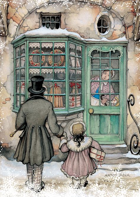 Kerstkaart met een illustratie van Anton Pieck van een vader met dochter kijkend naar de kerst etalage van de bakkerij. Anton Pieck, Postal Vintage, Image 3d, Dutch Painters, Dutch Artists, Christmas Scenes, Vintage Christmas Cards, Children's Book Illustration, Christmas Carol