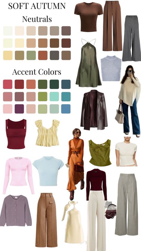 Autumn Colour Analysis Outfits, Soft Autumn Color Analysis Outfits, Warm Autumn Outfits Color Palettes, Light Autumn Color Palette Outfits, Soft Autumn Outfits Color Palettes, Soft Autumn Christmas Outfit, Autumn Vs Spring Color Analysis, Soft Autumn Worst Colors, Soft Autumn Colour Combinations