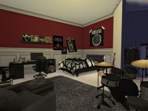 This bedroom is owned by a teenage metal head who dreams of being a drummer of a metal band. Drummer Bedroom, Metalhead Bedroom, Bedroom Teen, Metal Head, Teen Bedroom, Metal Band, New House Ideas, Bedroom Inspo, Metal Bands