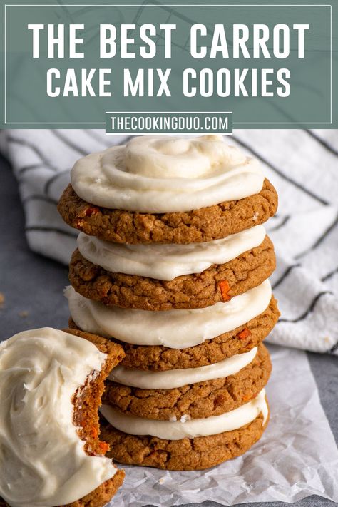 Carrot cake mix cookies stacked on top of each other. Boxed Carrot Cake Cookies, Carrot Cake Boxed Recipes, Carrot Cake Box Mix Recipes Desserts, Box Carrot Cake Cookies, Easy Carrot Cake Desserts, Soft Carrot Cake Cookies, Carrot Cake Crumble Cookies, Carrot Cake Cookies From Cake Mix Recipes, Carrot Cake Cake Mix Cookies