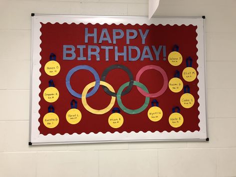 Birthday Bulletin Board Olympic Theme Birthday Bulletin Board, Olympic Theme, Birthday Bulletin Boards, Birthday Bulletin, Bulletin Boards, Bulletin Board, Counseling, School Stuff, Happy Birthday