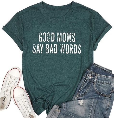 Made from premium and super soft cotton blend, this cute t shirt is cozy, stretchy and breathable on your skin. You will stay comfy all day long. Good mom say bad words shirt, short sleeve, mom shirt, mama shirt, casual fashion style, creative letter design, bad words shirt, funny saying shirt, which perfectly pairing with a simple jean, short, legging or short skirt. Make a great gift for your mother, your grandma grandparent. Use my affiliate link for more information. Indigo Plant, Word Shirts, Short Sleeve Shirt Women, Holiday Tops, Floral Print Shirt, Cold Weather Outfits, I Left, Mom Shorts, Shirts With Sayings