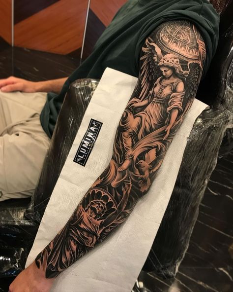 Angel Tats, Religious Tattoo Sleeves, Angel Sleeve Tattoo, Blitz Tattoo, Arm Tattoos For Guys Forearm, Mangas Tattoo, Full Tattoo, Arm Tats, Realistic Tattoo Sleeve