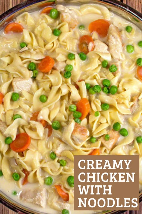 This skillet creamy chicken with noodles are the perfect weeknight dinner recipe Peas And Carrots Recipe, Chicken With Noodles, Chicken And Noodles Recipe, Noodles Dinner, Creamy Chicken And Noodles, Chicken And Egg Noodles, Chicken Main Dish Recipes, Crockpot Chicken And Noodles, Egg Noodle Recipes