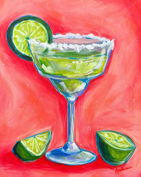 New painting today for National Margarita Day! On the rocks or frozen? 🧊🍋 #100dayproject Original - 11x14 on canvas. Prints 5x7, 8x10, 11x14, 16x20 Canvas reproductions - 8x10, 11x14 www.AudraStyle.com #nationalmargaritaday #margarita #margaritas #cocktails #barcartstyle #kitchenart #kitchendecor #homebar #bardecor #acrylicpainting Paint Margarita Glasses, Margarita Painting Easy, Cocktail Painting Acrylic, Retro Painting Ideas On Canvas, B2s Outfits, Margarita Drawing, Retro Paintings Ideas, Margarita Painting, Leaner Boards