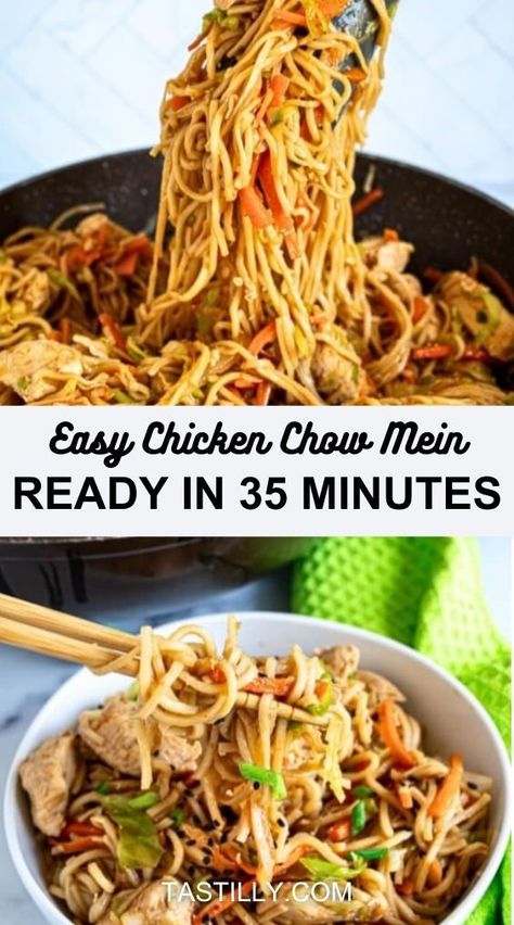 Craving Chicken Chow Mein? This easy 35-minute recipe delivers the perfect blend of tender chicken, fresh veggies, and a rich chow mein sauce. It's quick to make and full of flavor, perfect for a busy weeknight or when you want takeout-style food at home. Try it tonight! #ChickenChowMein #QuickMeals #BetterThanTakeout #EasyDinner #FamilyFavorites Chowmein Noodles Recipes, December Dinners, Chicken Chow Mein Recipe Easy, Easy Chicken Chow Mein, Chow Mein Sauce, Chicken Chow Mein Recipe, Gf Pasta, Unique Appetizers, Chow Mein Recipe