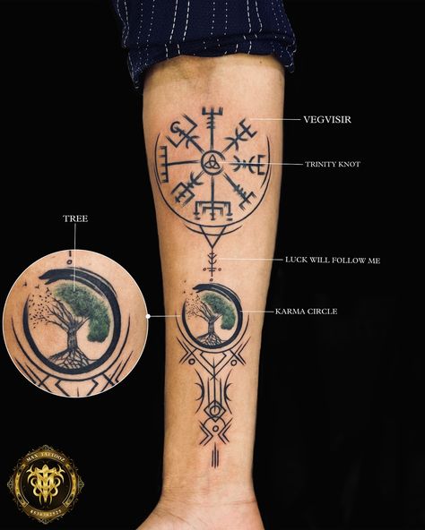 Embracing the ancient wisdom of viking symbols etched in ink, intertwined with the sacred tree of life within a karma circle. Dive into the meaning 🌲🔮 . . . . . . #tattoo #piercing #likes #like #share #save #comment #reels #reelsinstagram #instagram #instagood #instalike #instafashion #viral #viratkohli #viralvideos #fyp #fyl #fypシ Heathen Tattoo, Icelandic Tattoo, Valknut Tattoo, Viking Tattoo Ideas, Yggdrasil Tattoo, Viking Compass Tattoo, Viking Tattoos For Men, Viking Rune Tattoo, Norse Tattoos