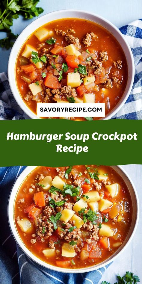 Whip up this easy Hamburger Soup Crockpot Recipe for a satisfying meal! This flavorful soup combines ground beef, beans, and vegetables, simmered to perfection. Perfect for busy weekdays, it's a delightful addition to your soup rotation. Serve with crusty bread and enjoy a hearty dinner any night! Hamburger And Noodle Soup, Hamburger Soup Crockpot Easy, Hamburger Potato Soup Recipe, Soups With Ground Beef Crockpot, Crockpot Hamburger Soup, Beef Soup Crockpot, Hamburger Soup Crockpot, Slow Cooker Hamburger Soup, Soup Hamburger