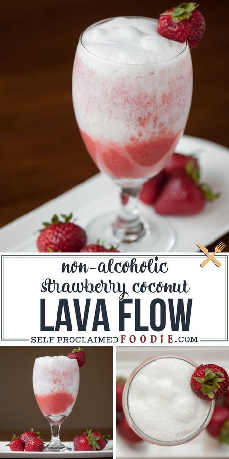 This blended non-alcoholic Strawberry Coconut Lava Flow made with fresh strawberries, pineapple juice and coconut cream is the perfect tropical mocktail. #lavaflow #strawberry #coconut #pineapple #blended #nonalcoholic #kidfriendly #drink #mocktail Hawaiian Punch Recipes, Best Mocktail, Drink Mocktail, Romantic Drinks, Virgin Drinks, Mocktail Drinks, Strawberry Drinks, Alcohol Free Drinks, Hawaiian Punch