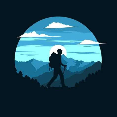 Trekking Silhouette, Trekking Drawing, Trekking Wallpaper, Trekking Illustration, Trekking Logo, Nature Silhouette, Mountains Design, Raster To Vector, Vector Art Design