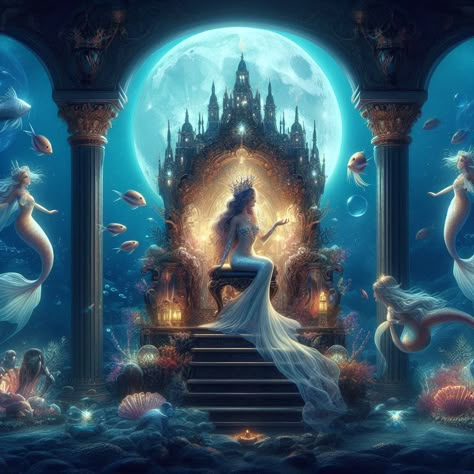 Mermaid Kingdom Fantasy Art, Mermaid Queen Aesthetic, Water Princess Aesthetic, Mermaid Altar, Mythical Water Creatures, Vampire Mermaid, Mermaid Kingdom, Sea Kingdom, Water Queen