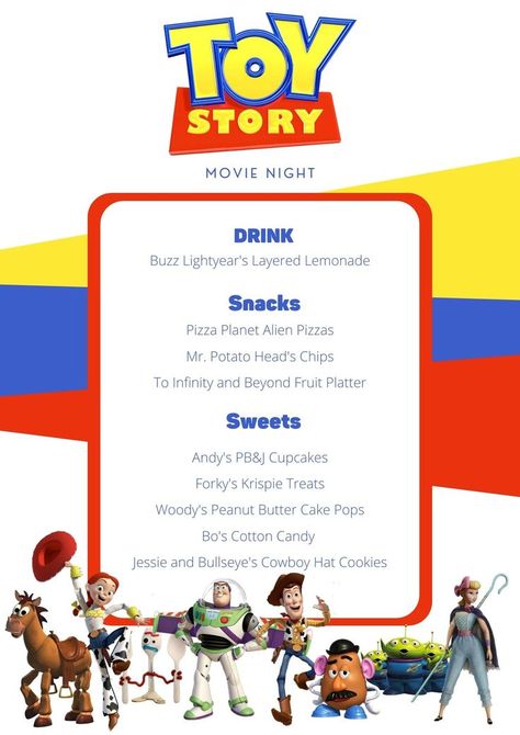 Toy Story Movie Night, Disney Movie Themed Dinner, Family Movie Night Themes, To The Infinity And Beyond, Disney Movie Night Menu, Disney Themed Movie Night, Disney Movie Night Food, Summer Movie Night, Fun Party Ideas