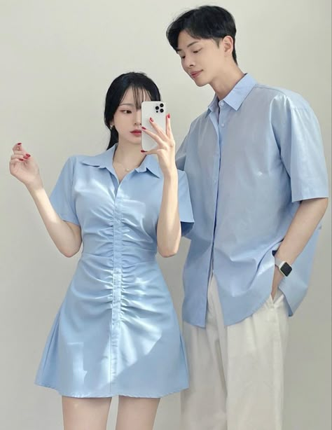 Matching Asian Korean Couple Aesthetic Blue Pastel Outfit Clothes Couple Outfit Ideas Matching Aesthetic, Pastel Couple Outfit, Korean Matching Outfits Couple, Colour Coordinated Outfits Couple, Blue Ootd Korean, Pastel Blue Outfit Korean, Couple Korean Outfit, Korean Couple Aesthetic Outfit, Couple Outfit Korean